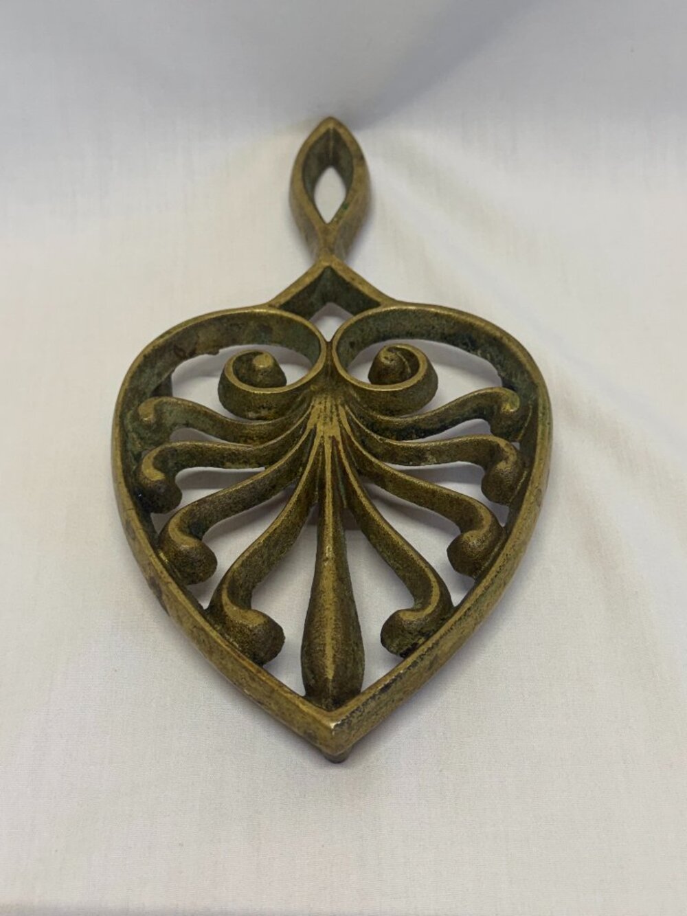 Vintage Ornate Brass Trivet w/Handle & Swirling Filigree Fan-like Design 9.25"